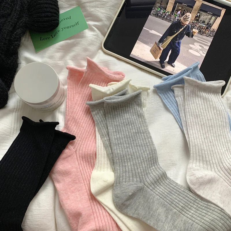 Kave Soft Cotton Socks for Women Thin Spring/Summer Sweet Solid Color Striped Socks Cute Long Breathable Socks Wholesale