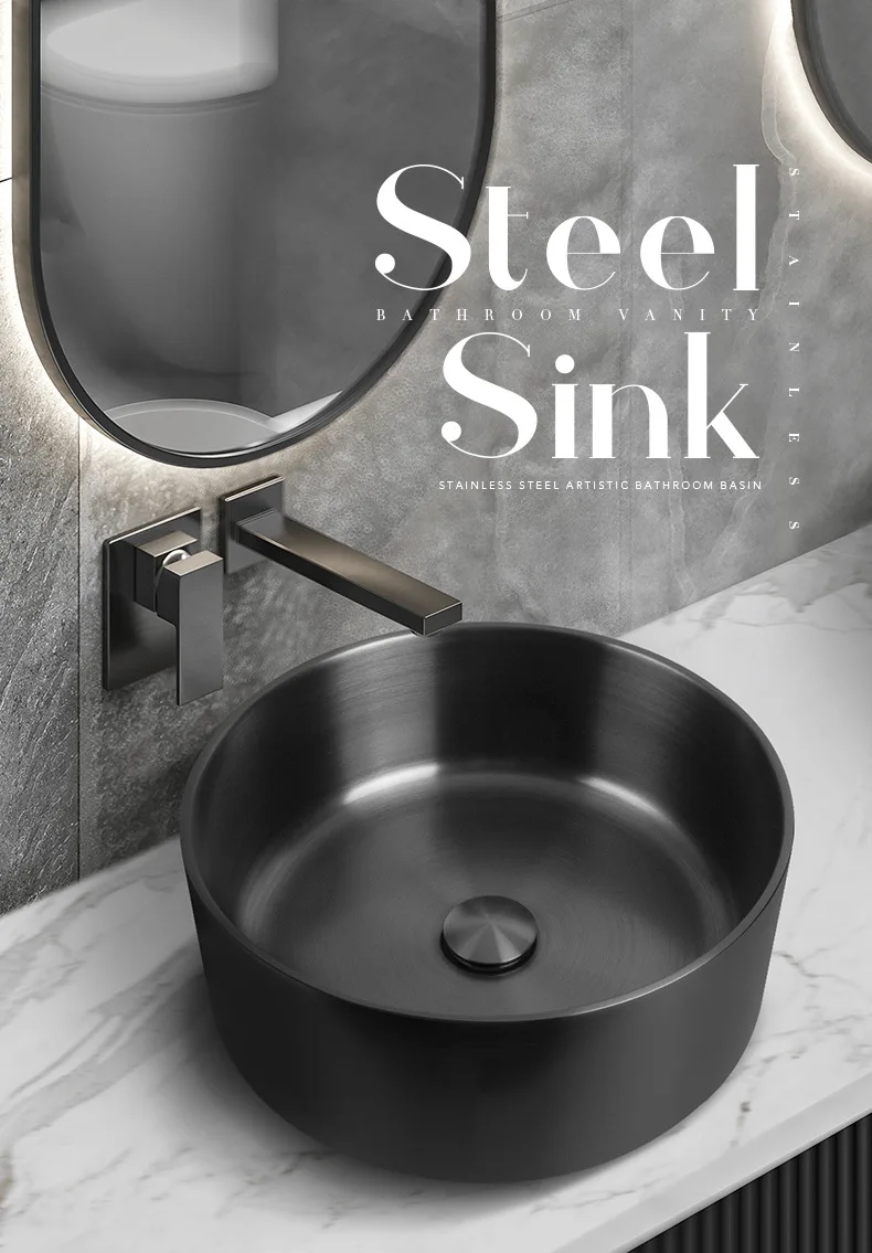 Luxury Athens Black Bathroom Sink 396*150mm washbowl SUS304 Stainless steel washbasin Round lavabo Top Quality hand basin,Newest