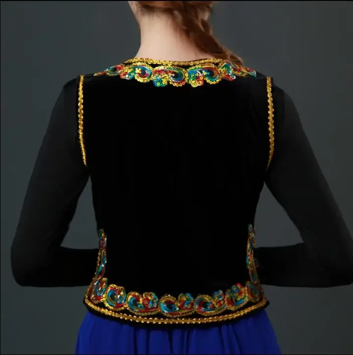 Chińska cekinowa kamizelka do tańca Xinjiang damska elegancka złota aksamitna Uygurs nowość