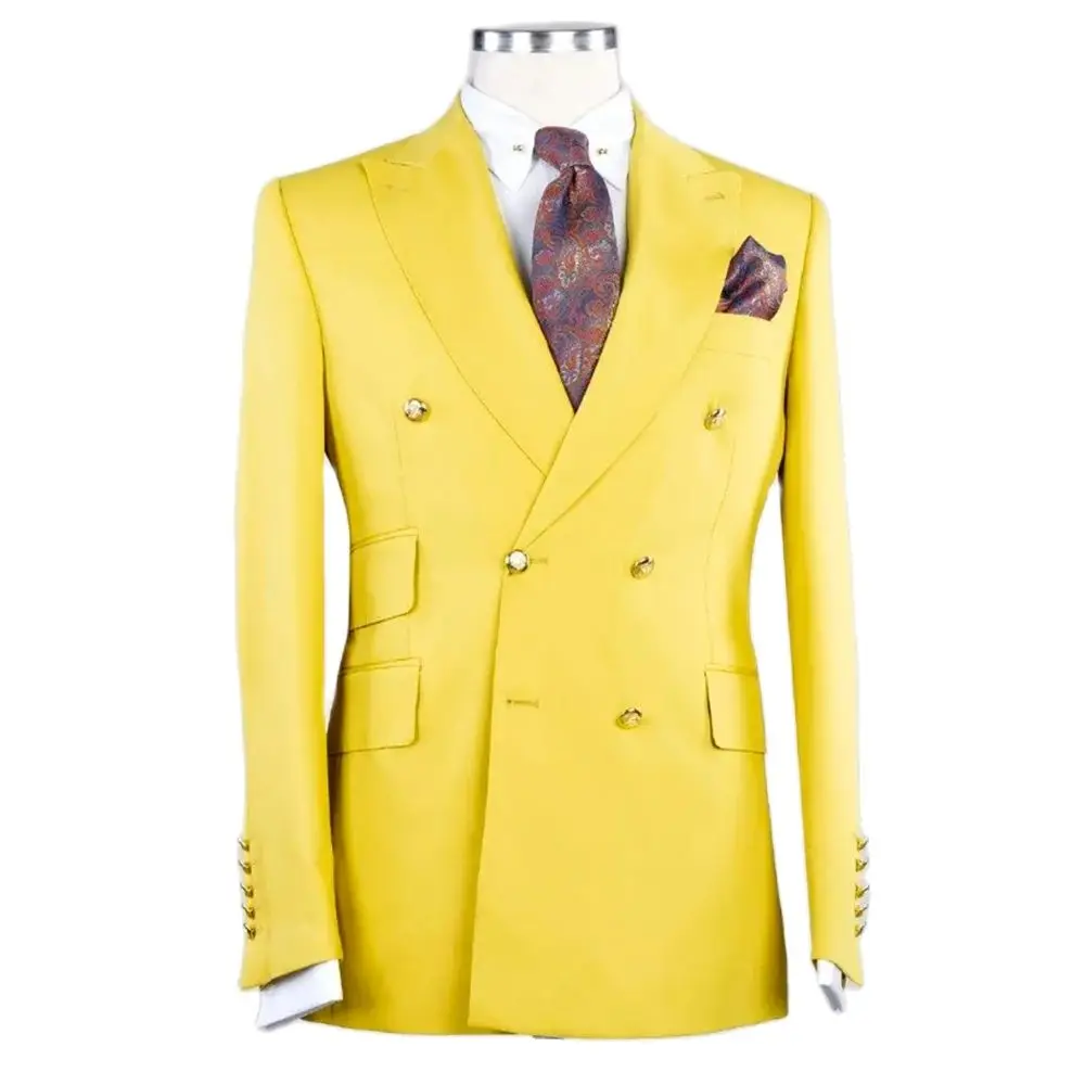 Luxury Men\'s Suit Blazer Yellow Regular Lenght Peak Lapel Hight Street Chic 2 Piece Jacket Pants Business Smart Casual Terno 031