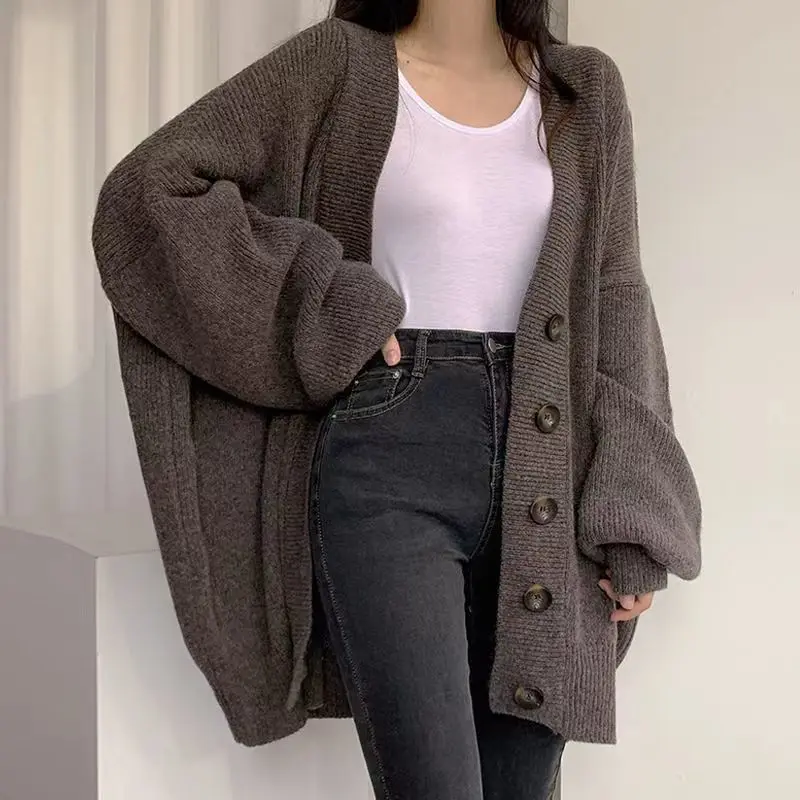 Women 2023 New Knitted Cardigan Sweater Plus-size Fall/winter Casual Slouchy V-neck Single-breasted Loose Balloon Sleeve Coat