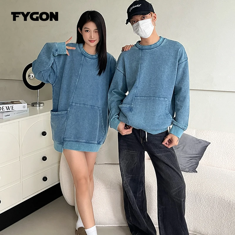 

Fygon Vintage Design Washed Sweatshirts Casual Oversized Dislocated Kangaroo Pockets Pullovers Street Double Neckline Tops