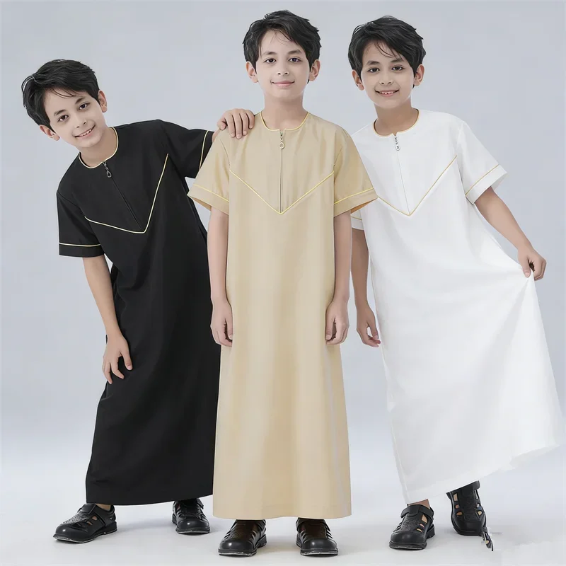 Ramadan Boy Jubba Thobe Zipper Short Sleeve Robe Teenage Arabic Djellaba Muslim Abaya Kaftan Daffah Dishdasha Jalabiya