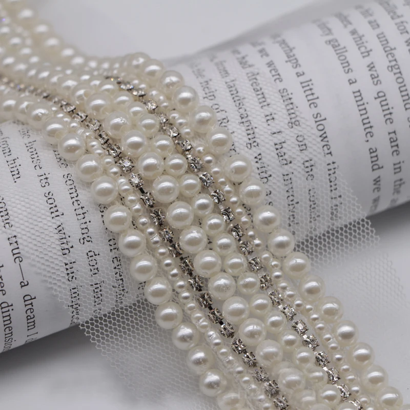 170CM/Piece Pearl Beaded Rhinestone Trims Sew on White Mesh Lace Ribbon FOR DIY Hair Clothes Wedding Dress Belt Accessories