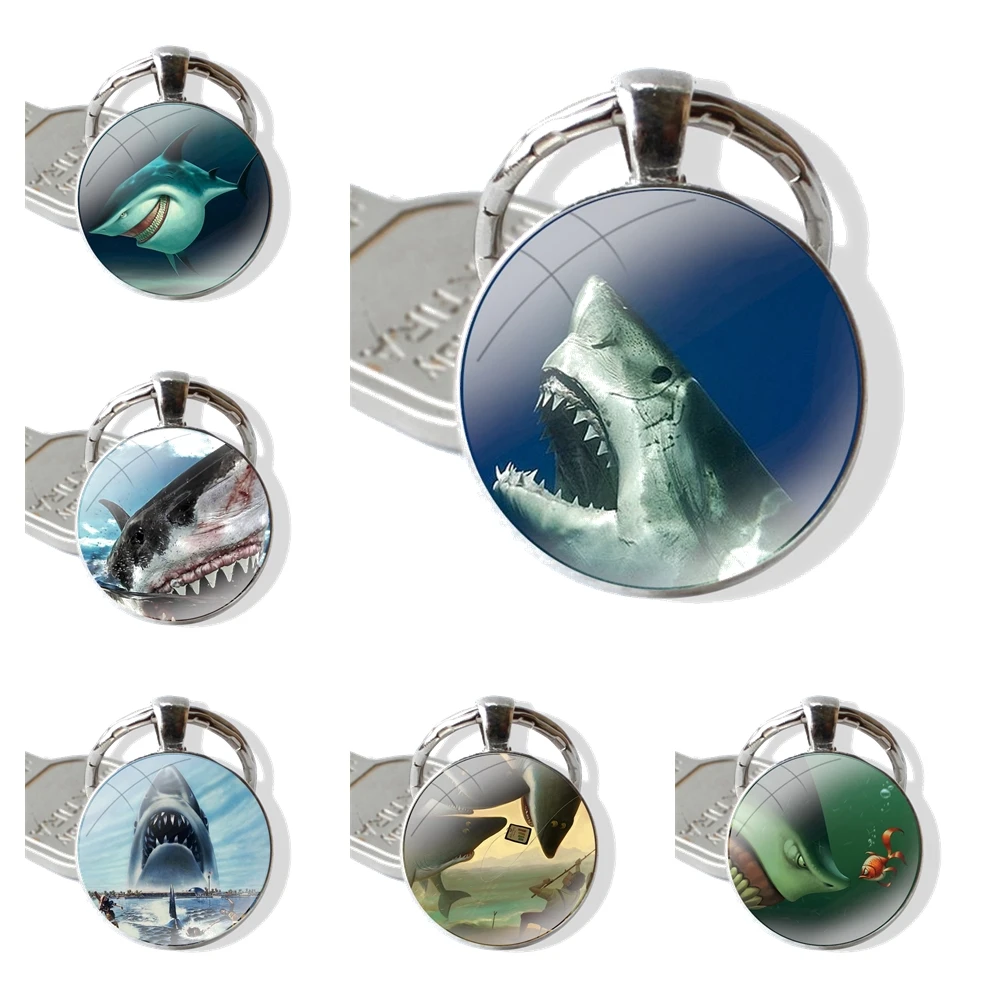 25mm Glass Cabohcon Keychain Key Rings for Women Men Jewelry Gift The great white shark