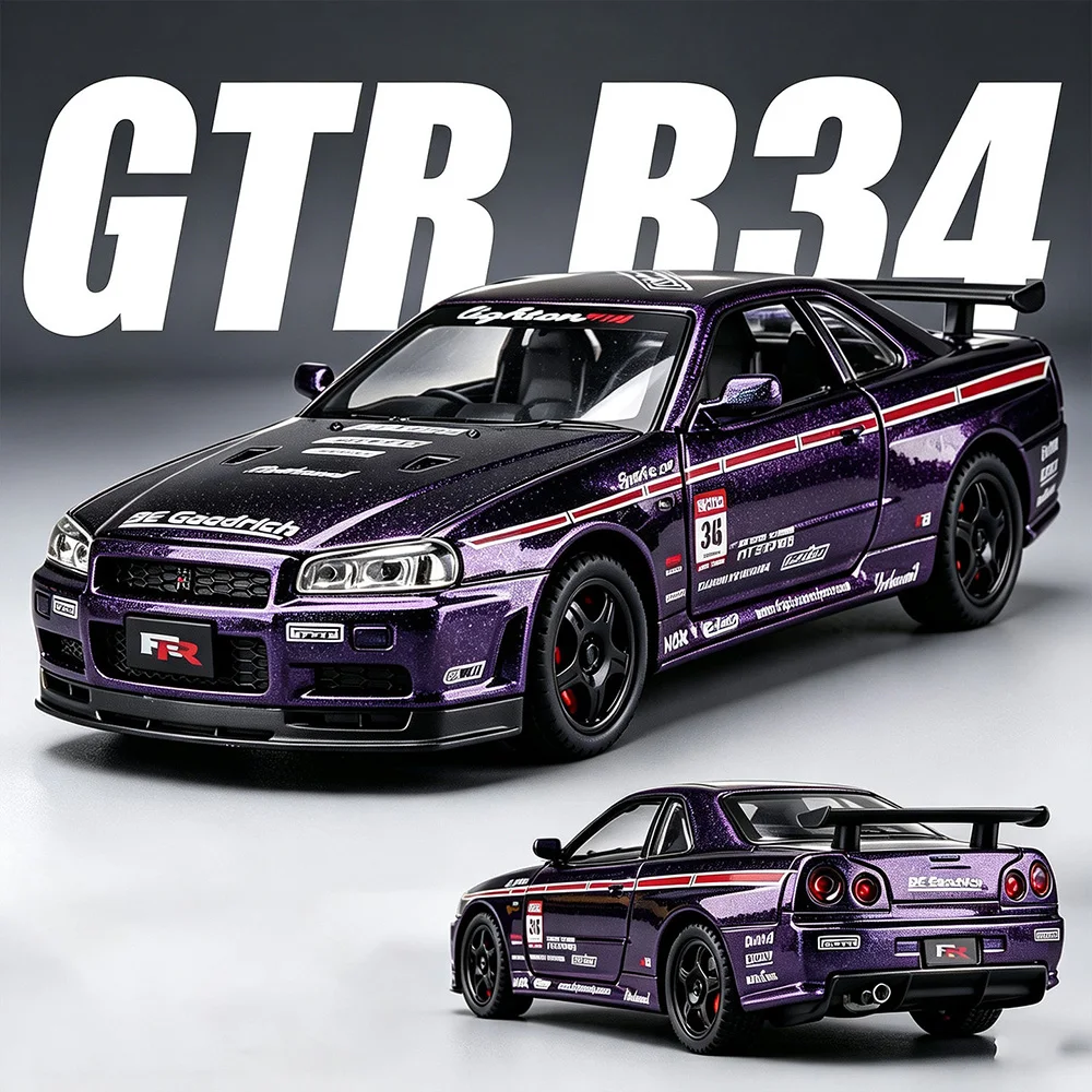 1:32 GTR-R34 Alloy Sports Car Diecast Toys Model Rubber Tires Doors Opened Sound Light Pull Back Metal Body Cars Festival Gifts