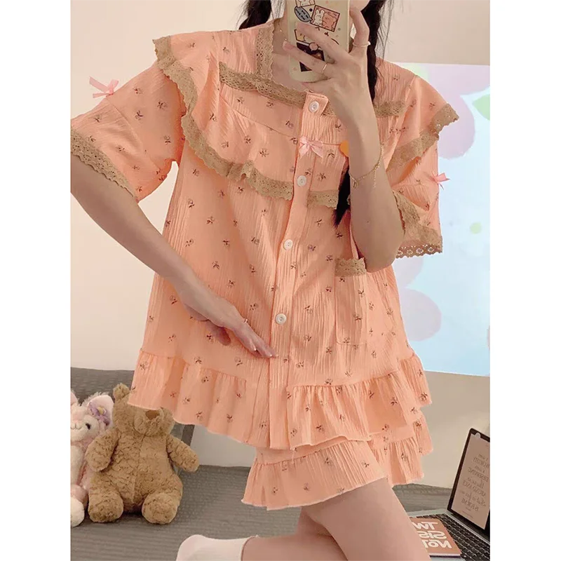 Ruffles Women Pajamas Sets for Home Summer Floral Sleepwear Shorts Sleeve Lace 2 Pieces Lace Night Wears Korean Home Suit New