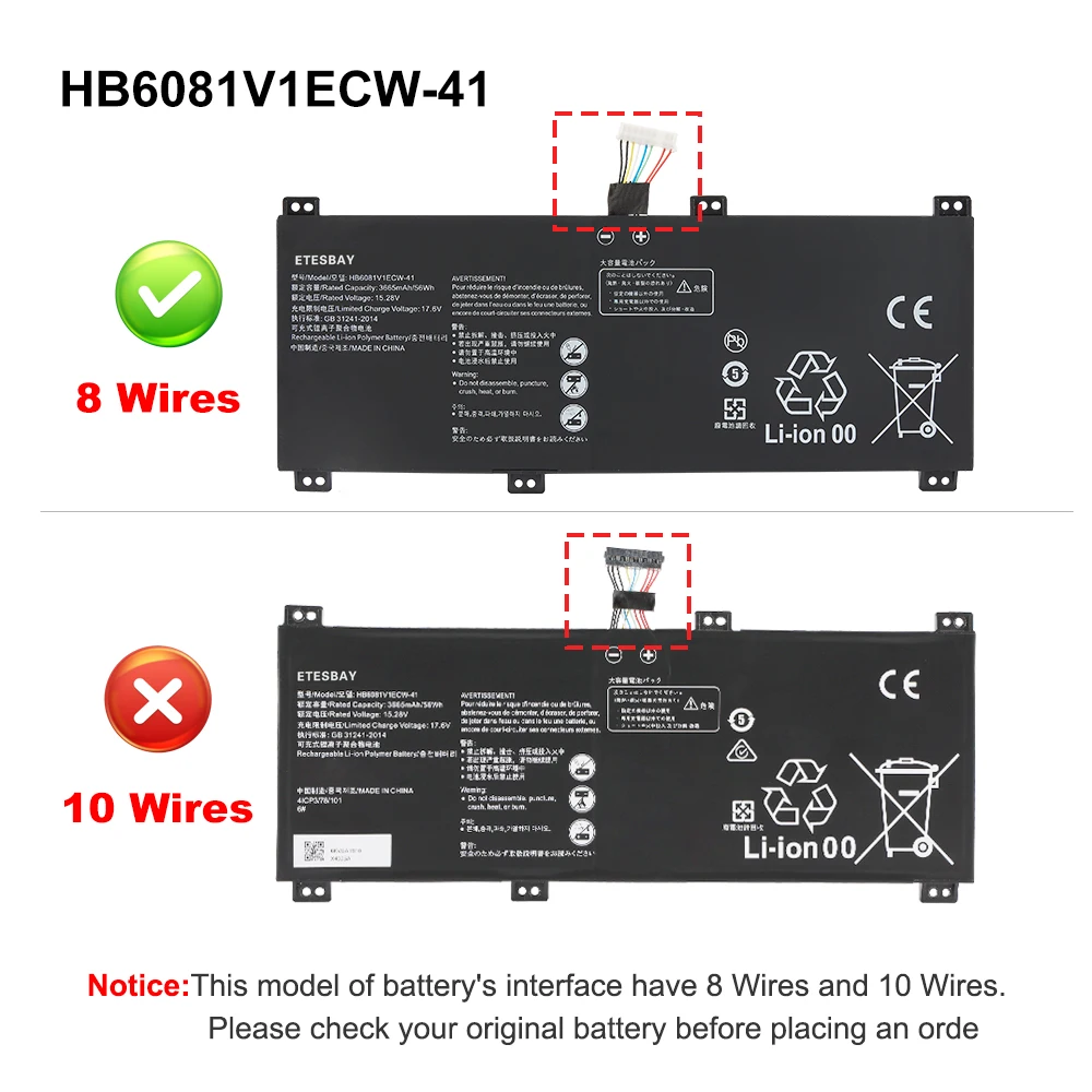 ETESBAY HB6081V1ECW-41 For Huawei Honor MagicBook Pro 2020 V700 MateBook D 16 HLY-W19RP HLY-W19RL  3665mAh 56WH Laptop Battery