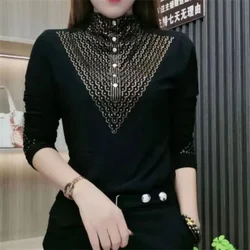 Women Autumn Winter New Fleece Warm Bottom Shirt Half High Collar Fashion Diamonds Sexy T-shirt Slim Versatile Long Sleeves Tops