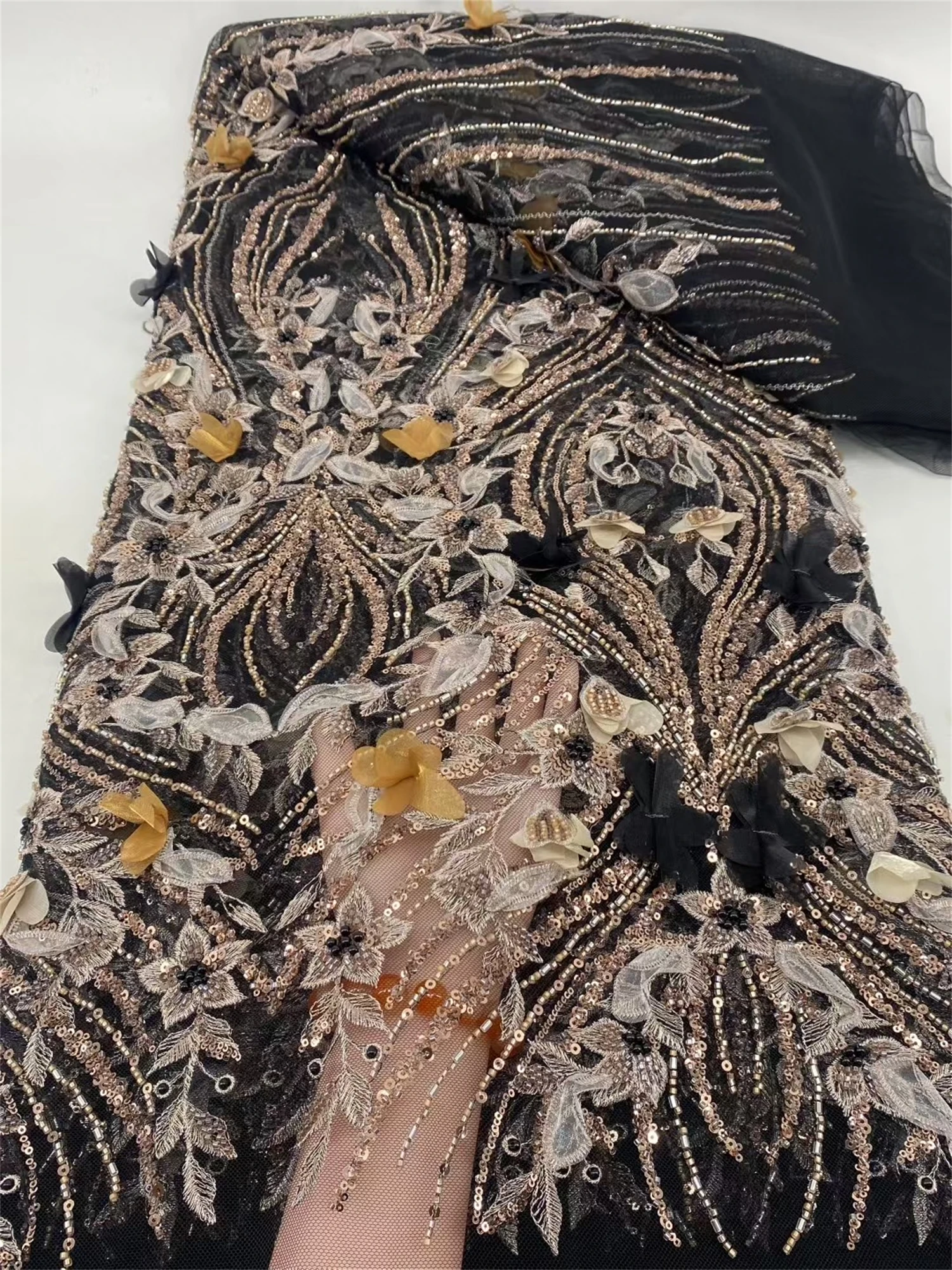 

Африканская ткань с 3D цветочным бисером, вышивка блестками, французский тюль, сетчатая кружевная ткань для свадьбы, роскошная мода, 5-ярдовое шитье