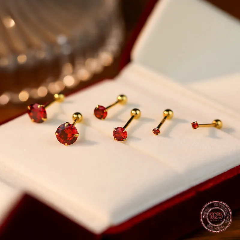 925 זהב זירקון כסף אדום משובץ משובץ בזהב לנשים טרנד 4 בורג טופר עצם קוריאני צד