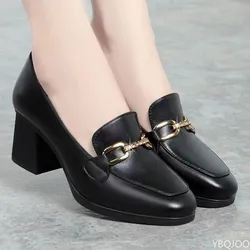 New British Style Soft Leather Women's Single Shoes for Spring Autumn Metal Decoration Trend Square Heel Luxury Women's Shoes