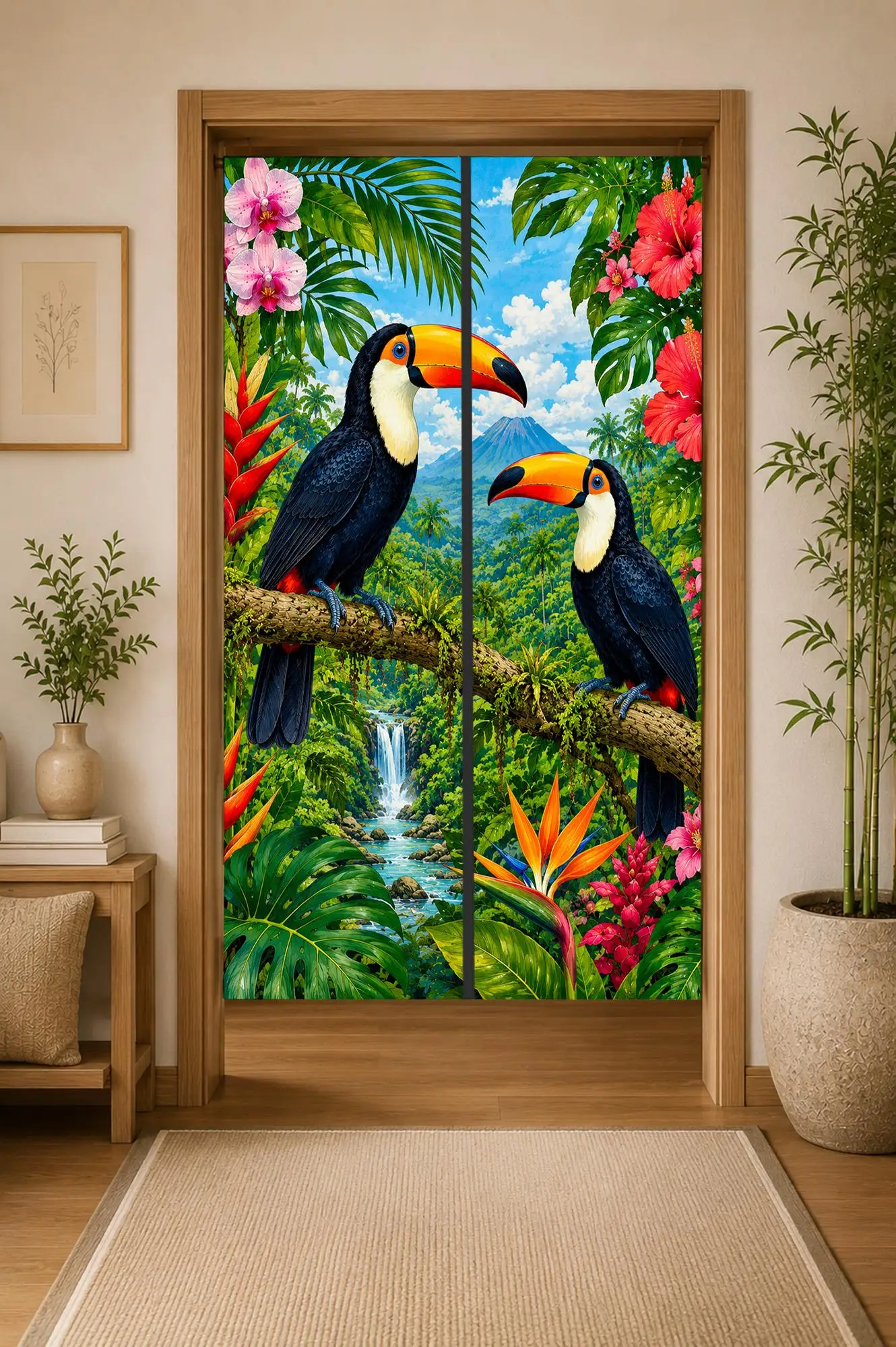 Vibrant Tropical Jungle Curtain Door Screen with Toucans and Waterfall for Home Decor Rainforest Style