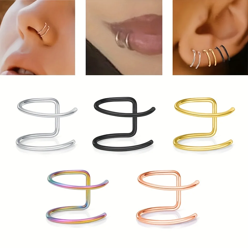 

1/3/5pcs Fashion Stainless Steel Non-Piercing Nose Lip and Earrings Set for Men & Women Body Jewelry Fake Piercing Nose Lip Ring