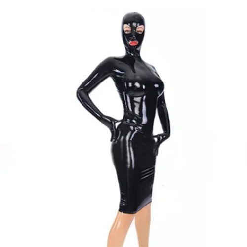 Latex Dress Rubber Catsuit Mid-length Black  Mask Cosplay Clubwear Masquerade ball