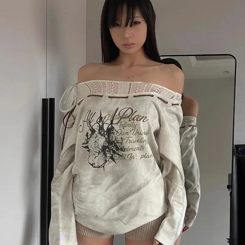 

Street Style Long Sleeve T Shirt for Women Spring New Y2K Vintage Hot Girl Mesh Patchwork Top Edgy Fashion Aesthetic Outfit