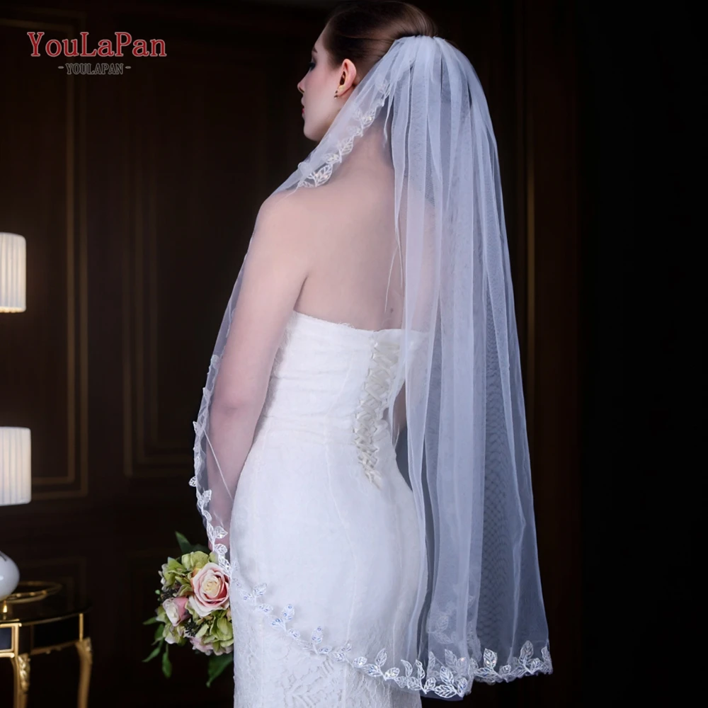 YouLaPan Short Wedding Veils Leaf Sequin Edges Bridal Veil Sparking Soft Tulle Elegant Delicate Waltz Lenght Women's Jersey V201