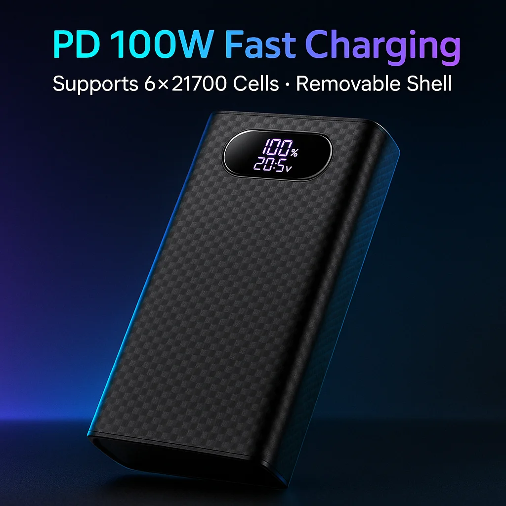 21700 Battery Pack Case With Display Screen 100W PD Output Tool Free Assembly Removable Shell Multi Device Fast Charging