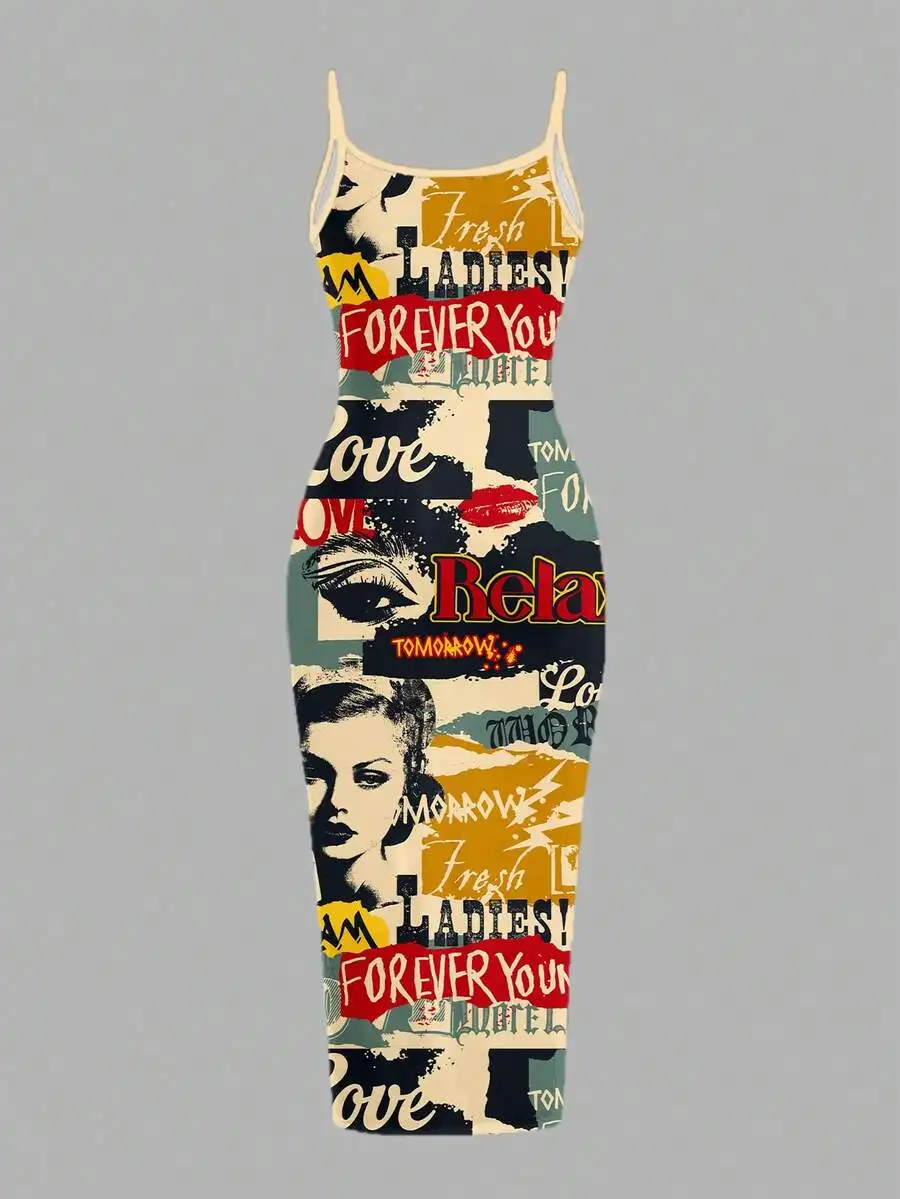 

Vintage Poster Print Sleeveless Casual Dress For Music Festival
