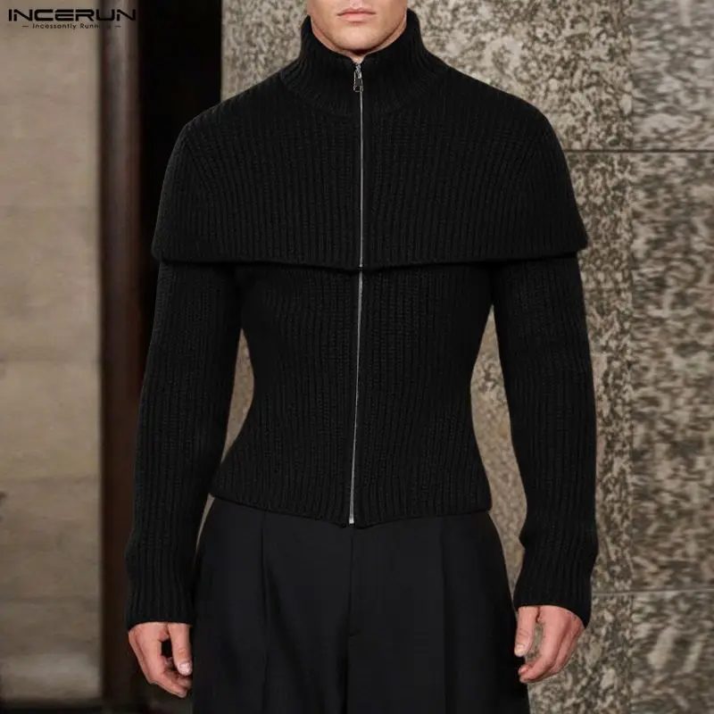 INCERUN Men Cardigan Solid Knitted Turtleneck Long Sleeve Sweater Men Streetwear Zipper Cloak Sweaters Fashion Men Clothing 2025