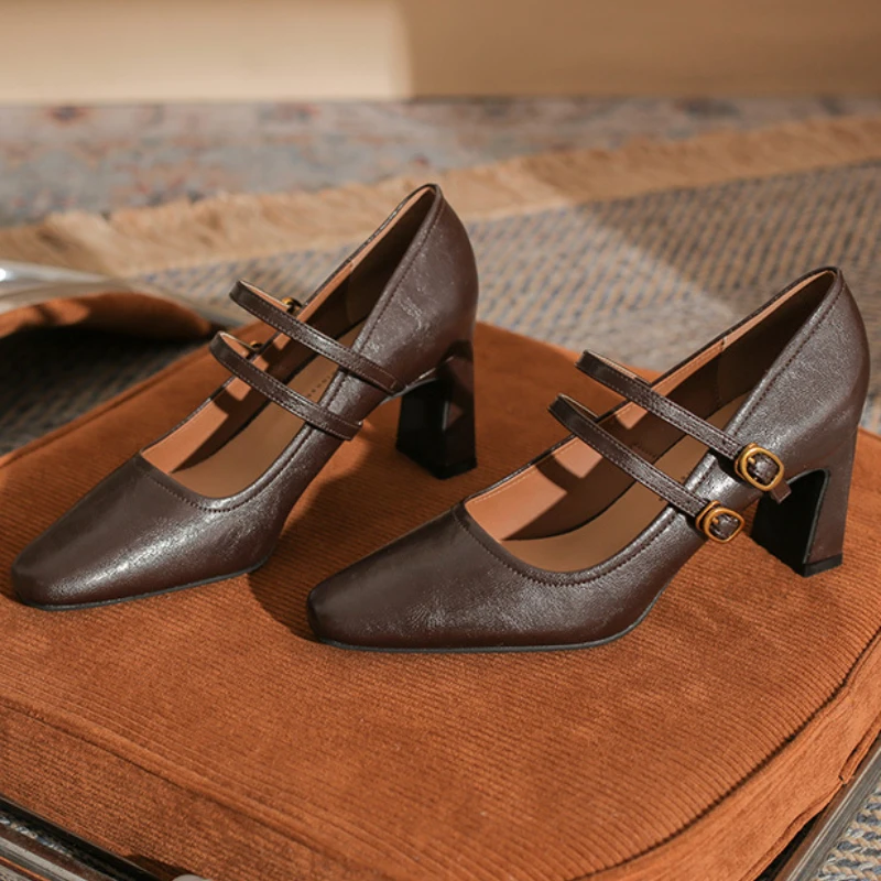 

Retro High Heels Mary Jane Shoes Spring Autumn Fashion Women's Shoes Shallow Buckle Buckle Chunky Elegant Office High Heels