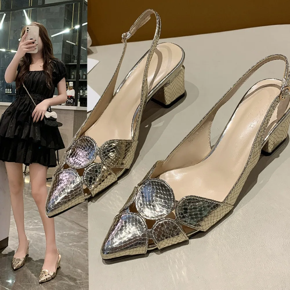 Summer New Fashion High Heel Shoes Women Leather Pointed Toed Gold Lady Thick Heeled Sandals Female Wedding Bridal Shoes