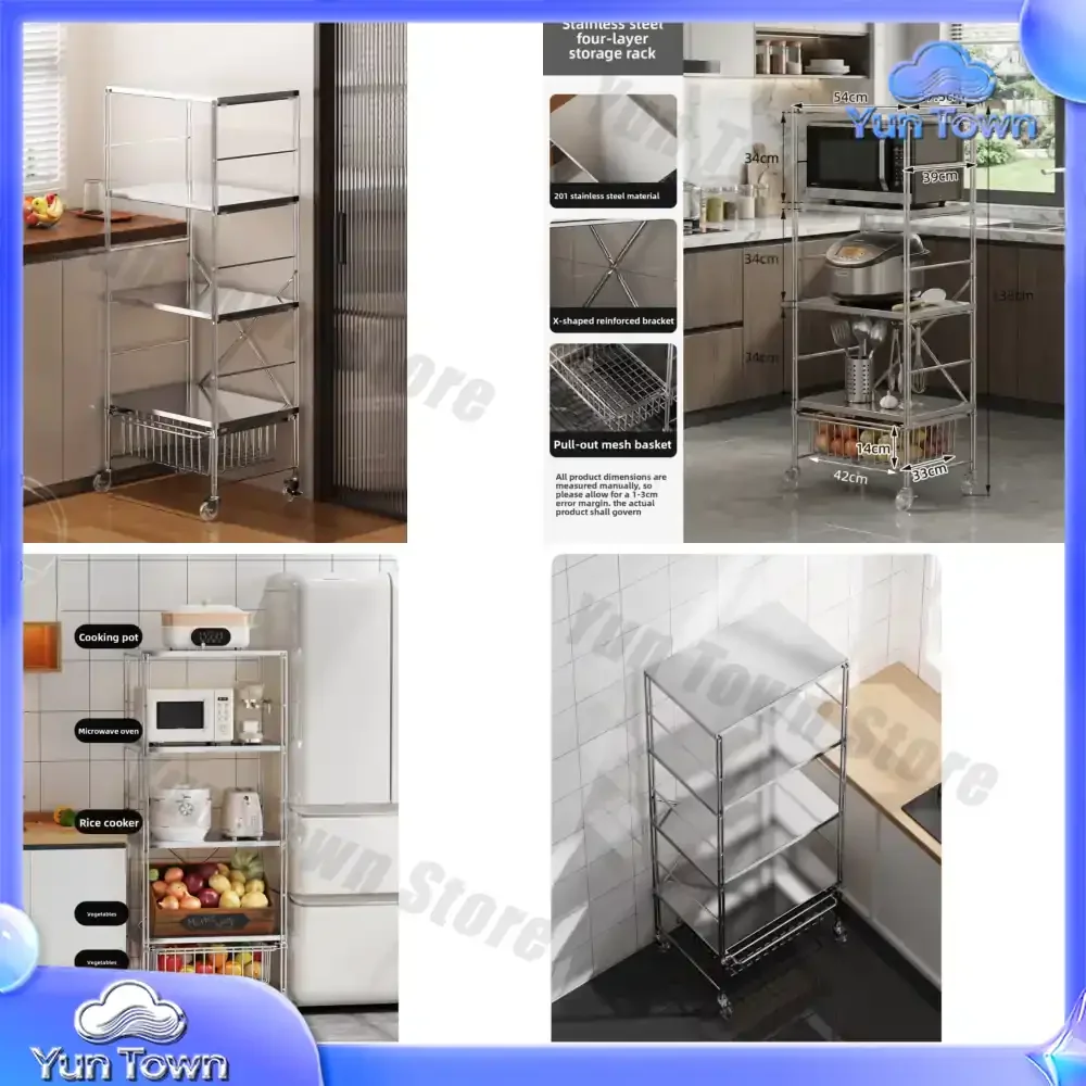 Modern Kitchen Microwave Rack Stainless Steel Floor-to-Floor Four-layer Shelf Multi-Functional Locker with Wheels