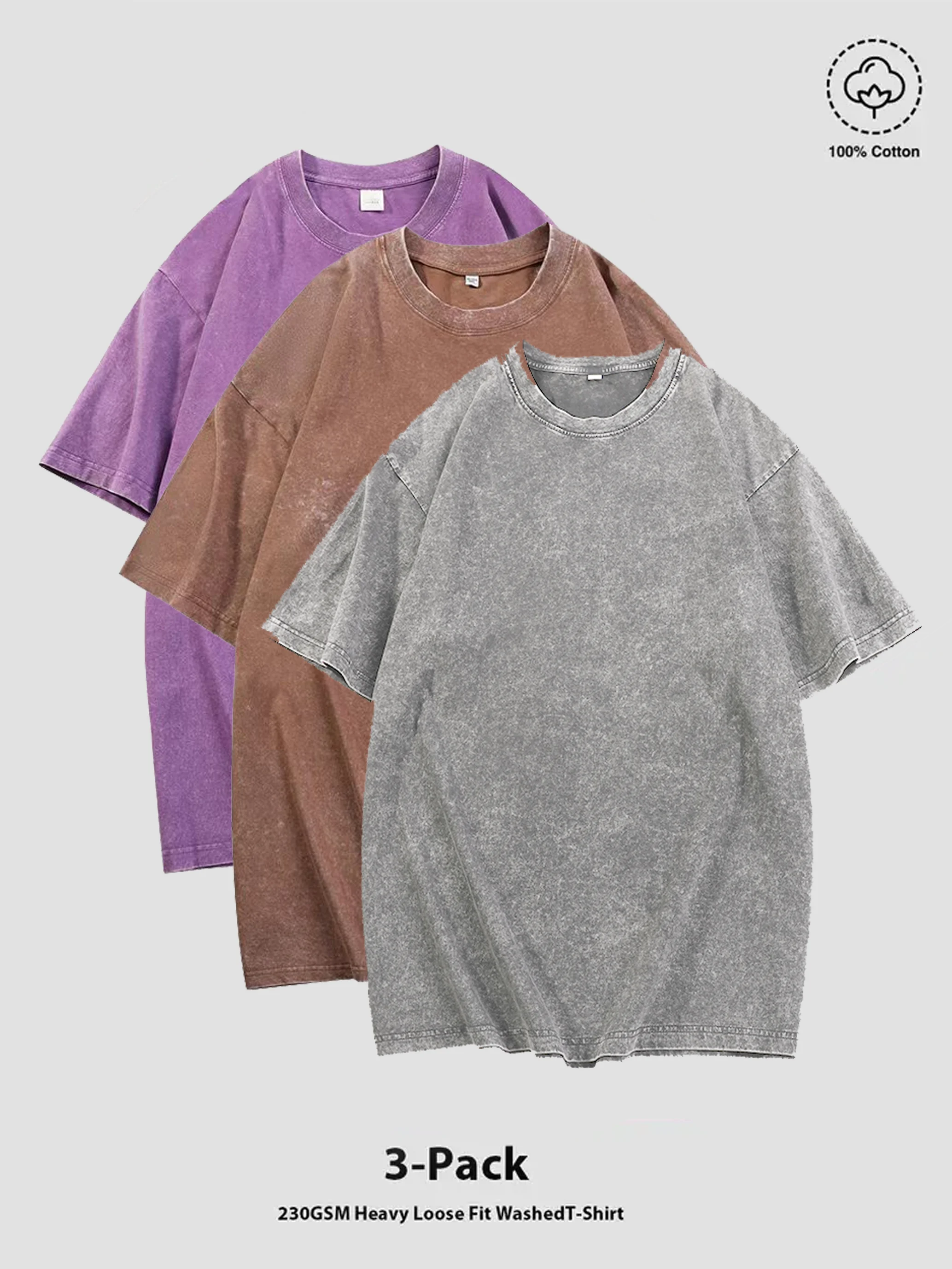 

3-Piece Set 100% Cotton Loose-fit Retro Washed Top (Sports & Casual T-shirt) Suitable as gifts for various festivals