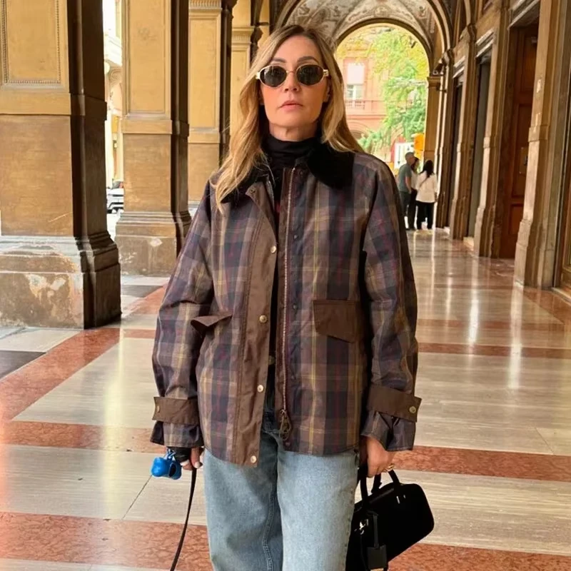 

Vintage Plaid Patchwork Casual Jacket Lapel Long Sleeve Coat Single Breasted O Neck Outerwear 2025 Autumn Lady High Street Coats
