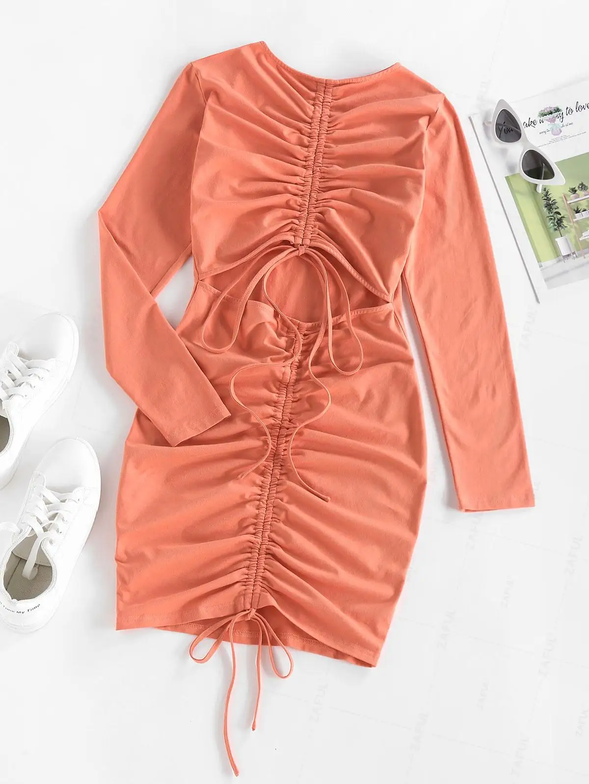 فستان ZAFUL نسائي يومي بياقة دائرية وأكمام طويلة وفتحة خلفية وأكمام طويلة