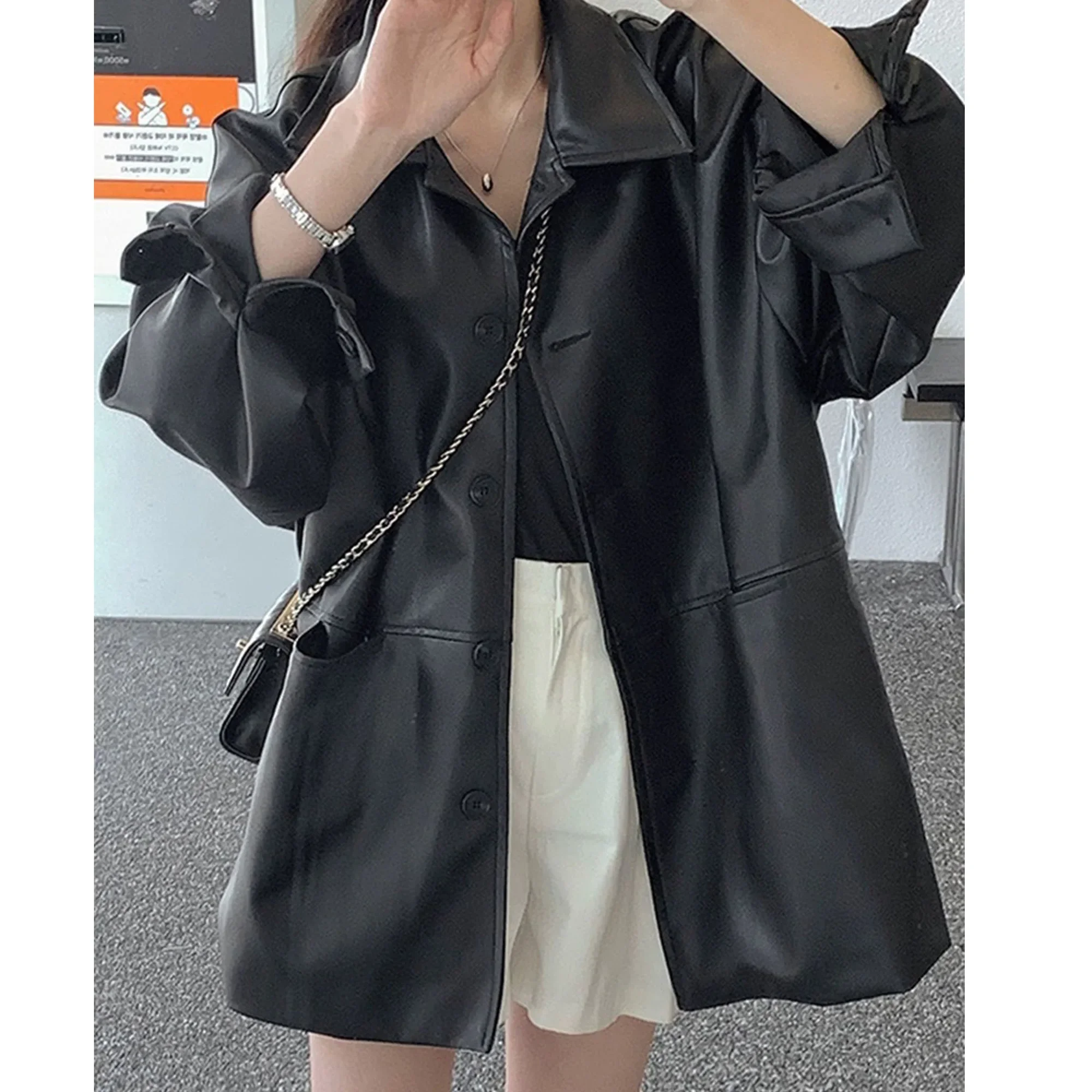 South korea Chic Summer  Handsome Lapel Single-Breasted Loose Casual All-matching Long sleeve Leather Coat Outerwear Women