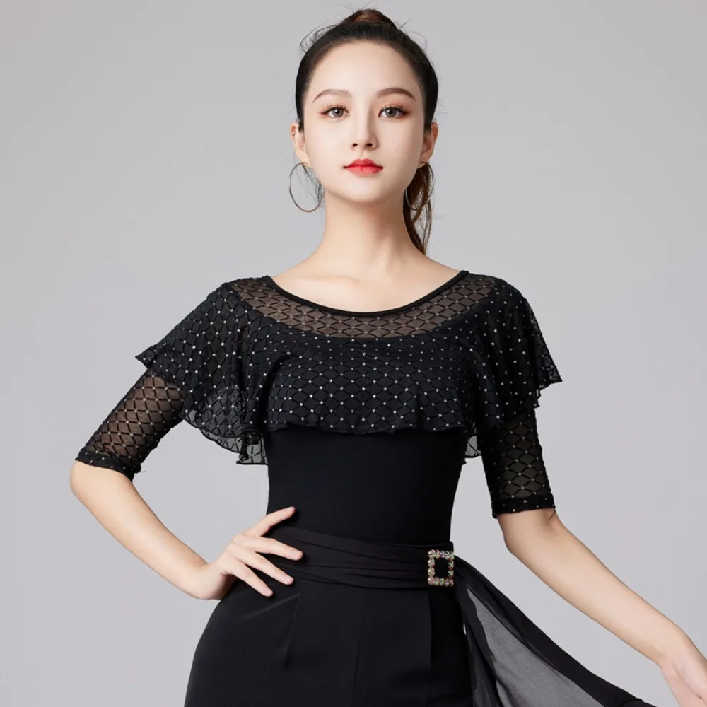 2025 Verão Novo! Top feminino de dança latina – gola redonda com babados, roupa de prática de valsa de manga 3/4 para o verão