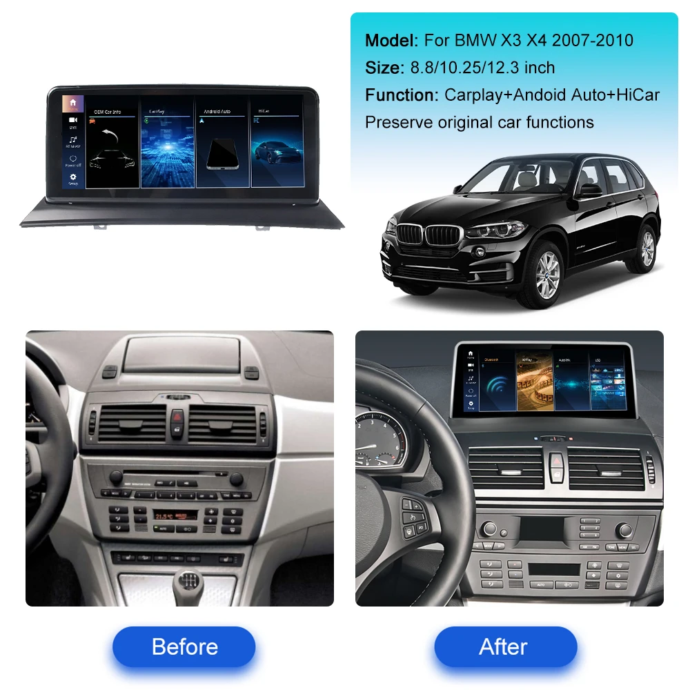 12.3 Inch For BMW X3 X4 2007-2010 Car Radio Multimedia Player GPS Navigation CarPlay QLED Touch Anti Glare Screen DVD Head Unit