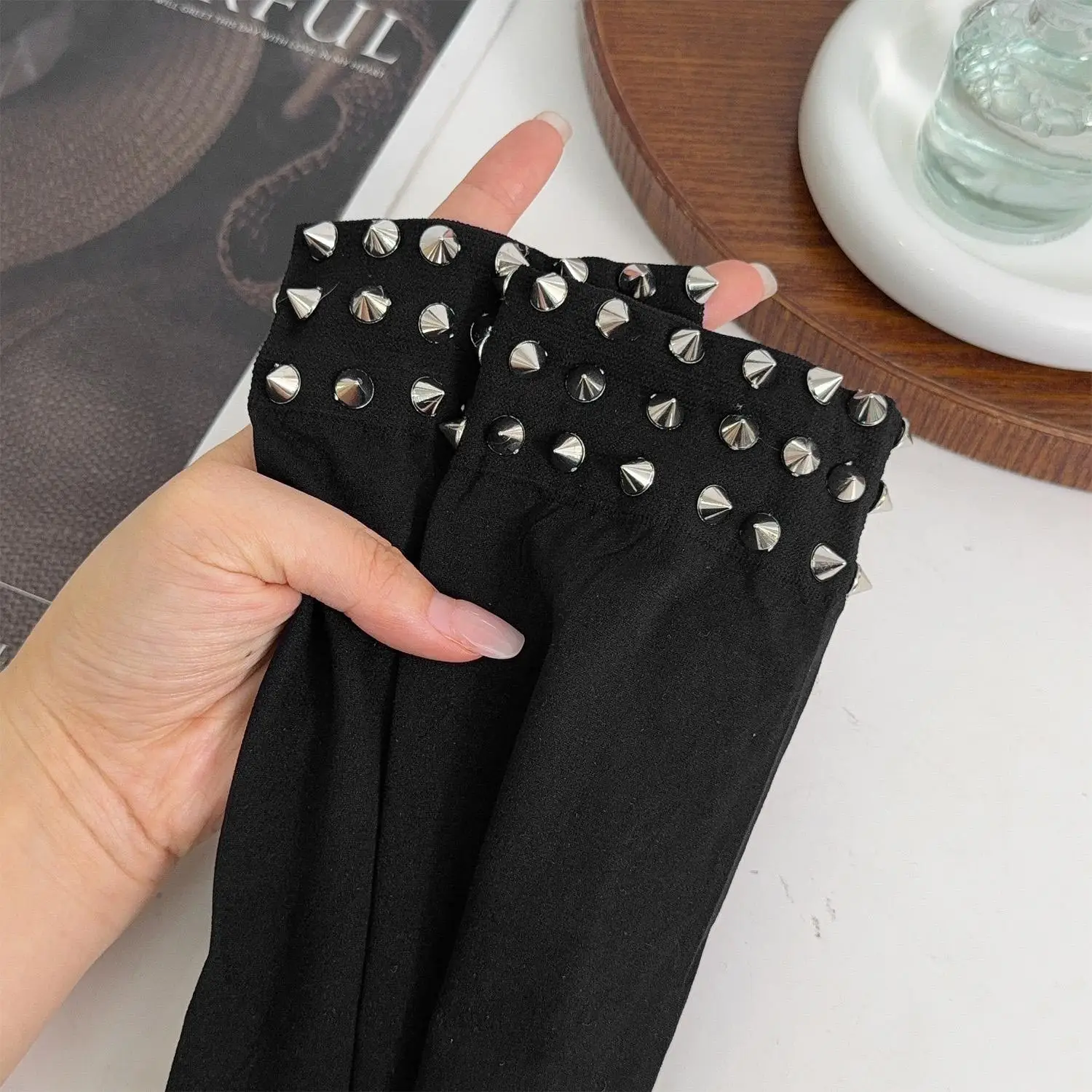 Sexy Black Rivet Socks Y2K Over Knee High Stockings Punk Subculture Slimming Leggings Festival Party Clubwear Long Tube Socks view 5