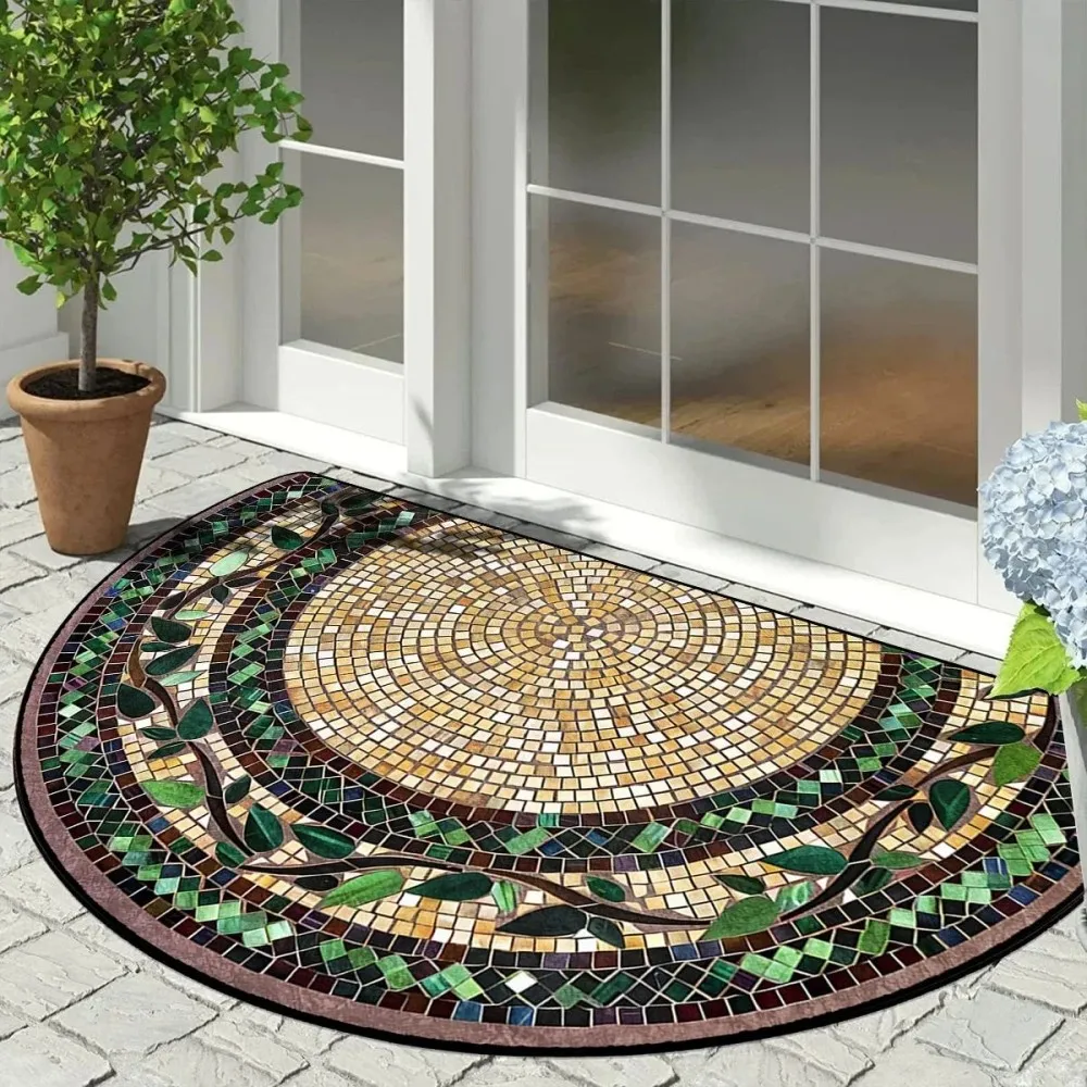 VIKAMA Felpudo floral vintage, alfombra semicircular, ideal para entradas de porche, diseño de patchwork geométrico, perfecto para patios