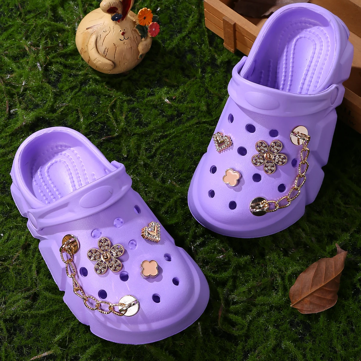 Girls\' 3D Floral & Chain Decor Clogs, Platform Soft Sole Closed Toe EVA Home Garden Clog Shoes, Breathable Beach Sandals