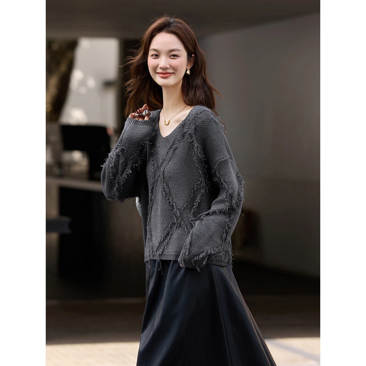 VIMLY-suéter de ambiente Retro para mujer, jerséis de cuello redondo con flecos de rombos, prendas de punto versátiles a la moda, otoño 2025 30350