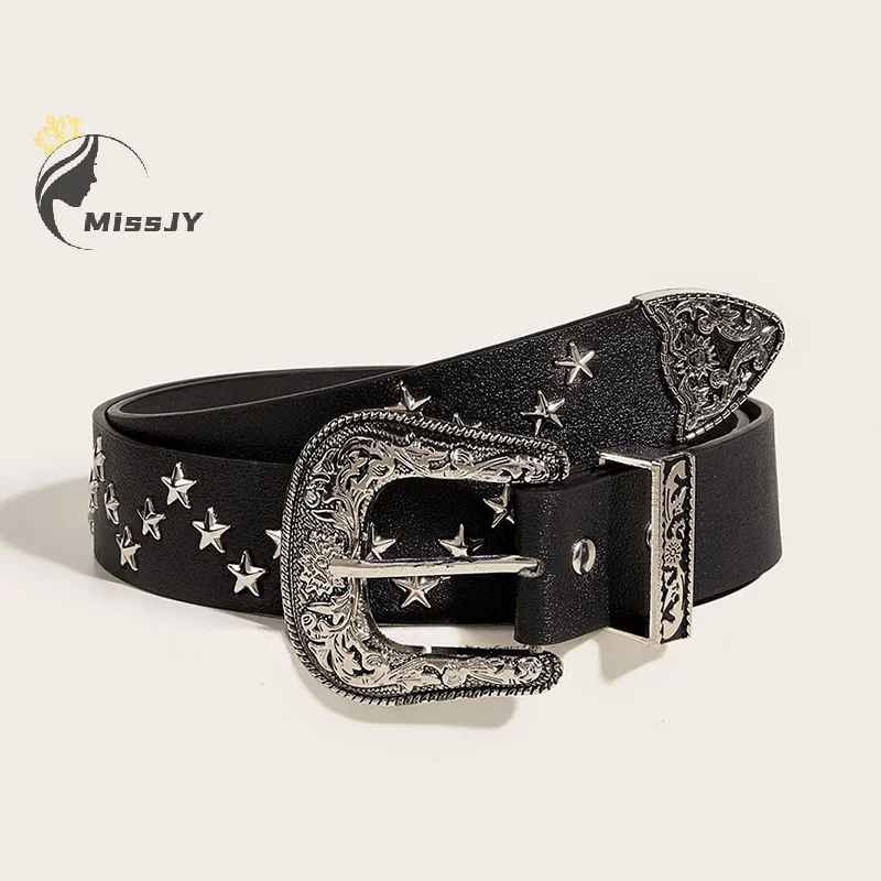 Vintage Star Rivet เข็มขัด Y2k หัวเข็มขัดโลหะ Punk Rock เข็มขัด Gothic Pu เข็มขัดผู้หญิงผู้ชายกางเกงยีนส์กางเกงอุปกรณ์ตกแต่ง