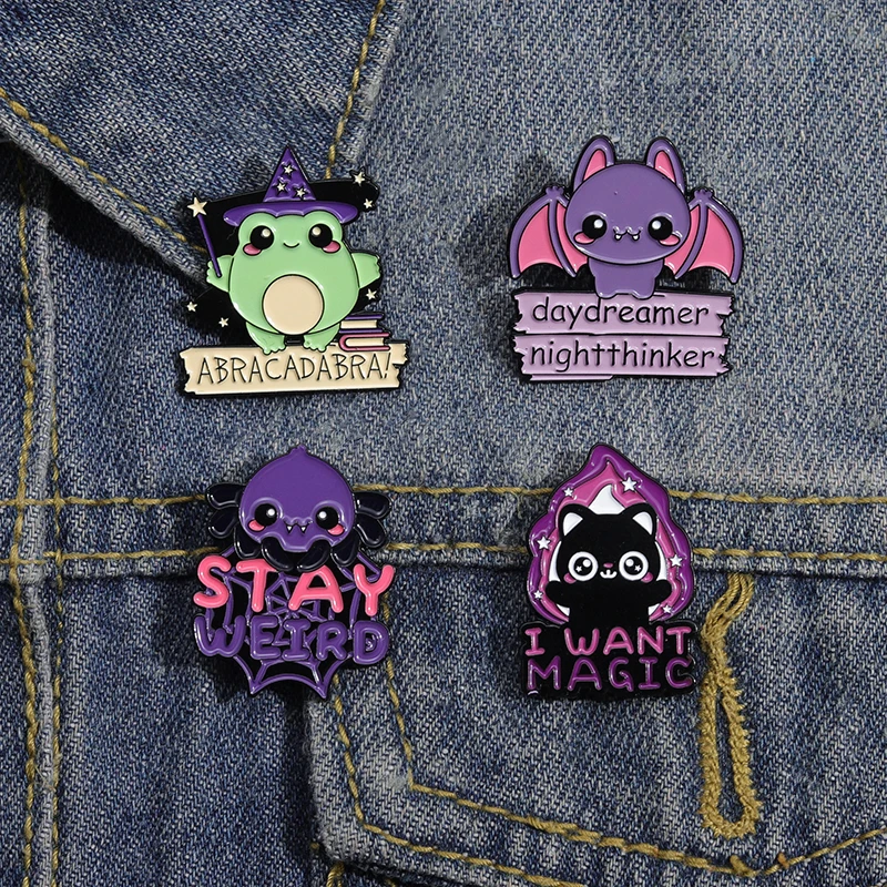 Enamel Pins Custom Frog Wizard Bat Stay Weird Brooch Lapel Badges Halloween Animal Jewelry Gift for Kids Friends I Want Magic