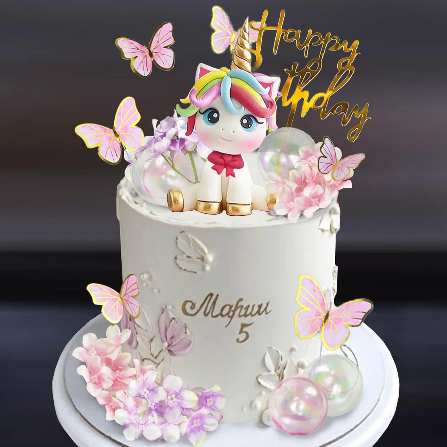 Decoraciones para tarta de unicornio con bola de flores artificiales, mariposa, decoraciones para tarta de feliz cumpleaños, suministros para Baby Shower