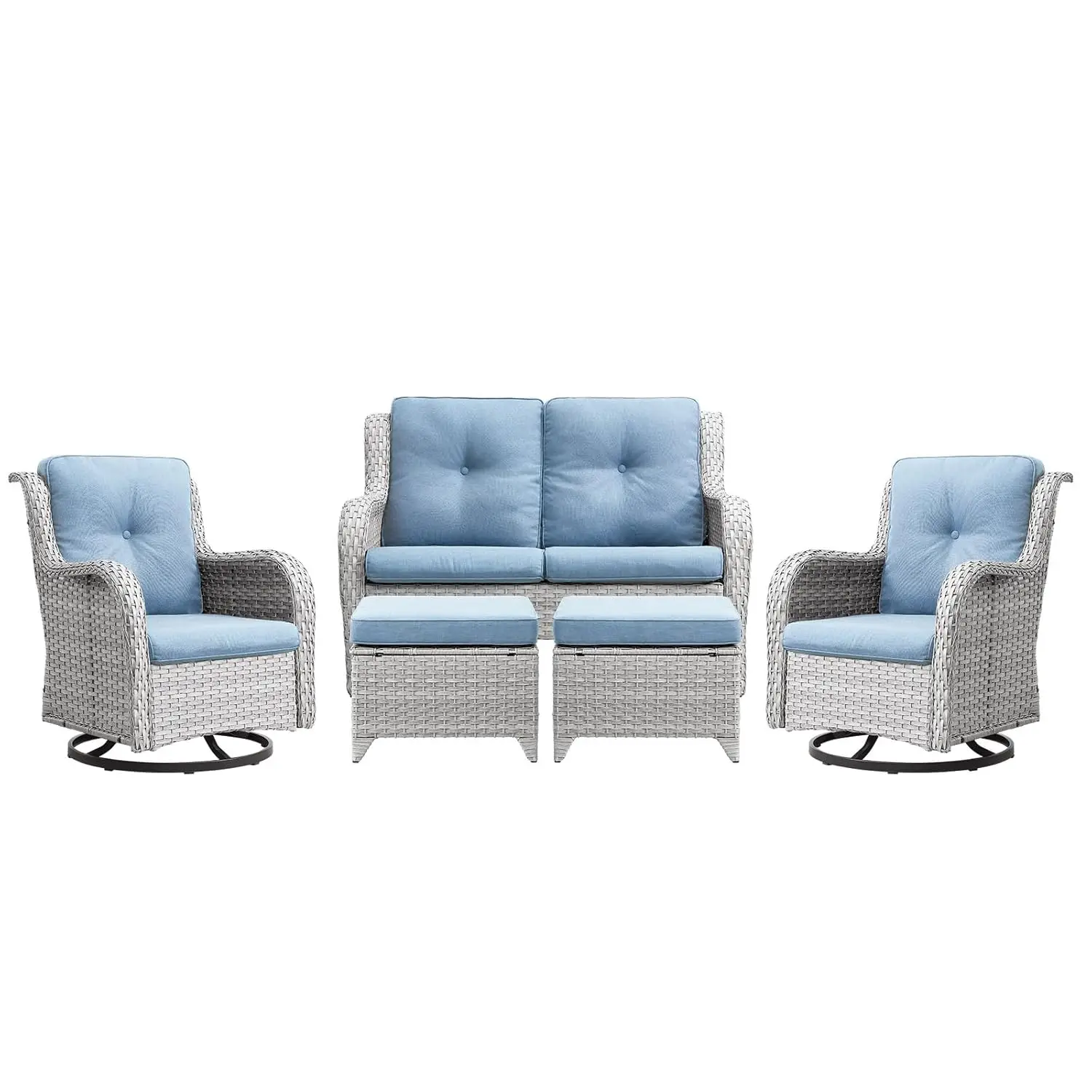 

Плетеная компактная мебель для патио: набор из 5 предметов для отдыха на открытом воздухе с вращающимися креслами-качалками и двухместным диваном для патио, на заказ