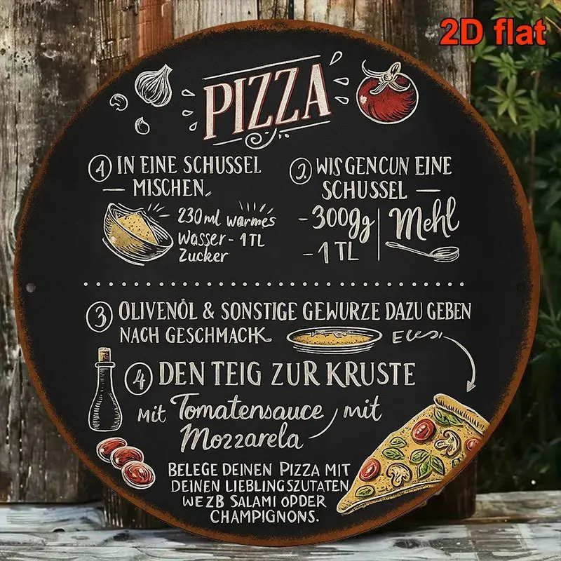 Letrero Plano 2D de 1 Pieza con Receta de Pizza Italiana Vintage Estilo Pizarra - Guía de Ingredientes en Alemán e Inglés de 8 Pulgadas de Diámetro con Fórmula Auténtica