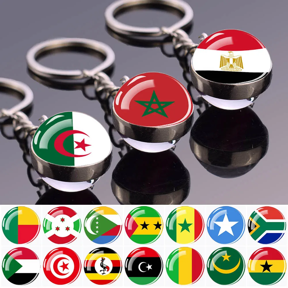 Africa Flag Keychains Algeria Somalia Tunisia Morocco Egypt National Flag Key Chains Double Side Glass Ball Pendant Keyring Gift