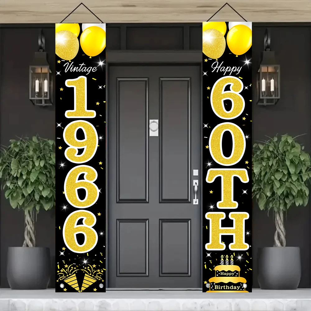 Schwarz-Gold Retro 60. Geburtstag Türschild-Set, Vintage 1966 Themenbanner „Prost auf 60 Jahre“ für die Veranda mit Ballon- und Kuchenmotiven – Detail 10
