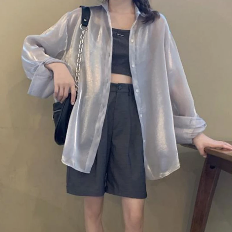 Spring Summer Solid Color Elegant Shirt Women Turn-down Collar Long Sleeve Fashion Button Patchwork Cardigan Korean Style Tops