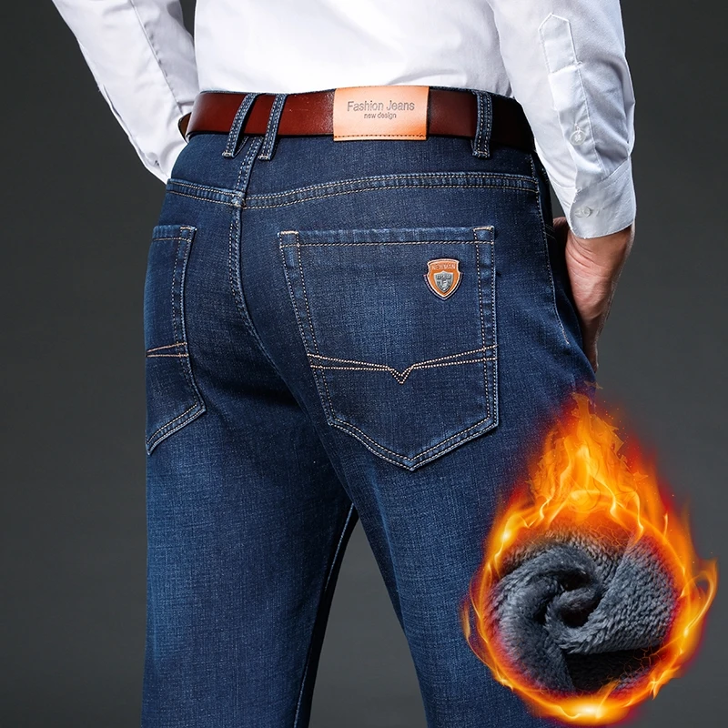 남성용 겨울 울 청바지, 비즈니스 캐주얼 클래식 스트레치 슬림 데님 바지, 레트로 패치 쉴드 클래식 남성복