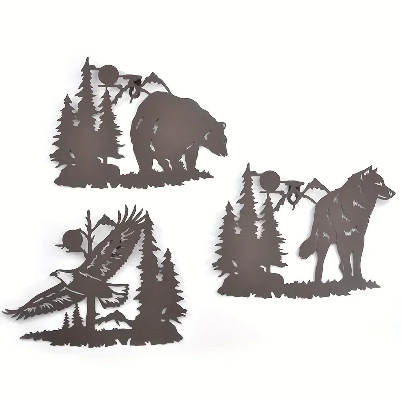 3pcs Metal Iron Rustic Wildlife Wall Hanging Art: Moon Wolf Bear Set Laser Cut Decor Home Room Yard Garden & Holiday Decorations