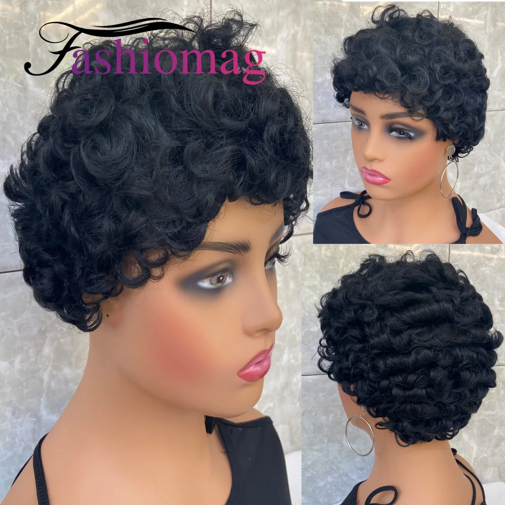 Fashiomag Short Curly Black Synthetic Hair Wigs Women Soft Natural Daily Use