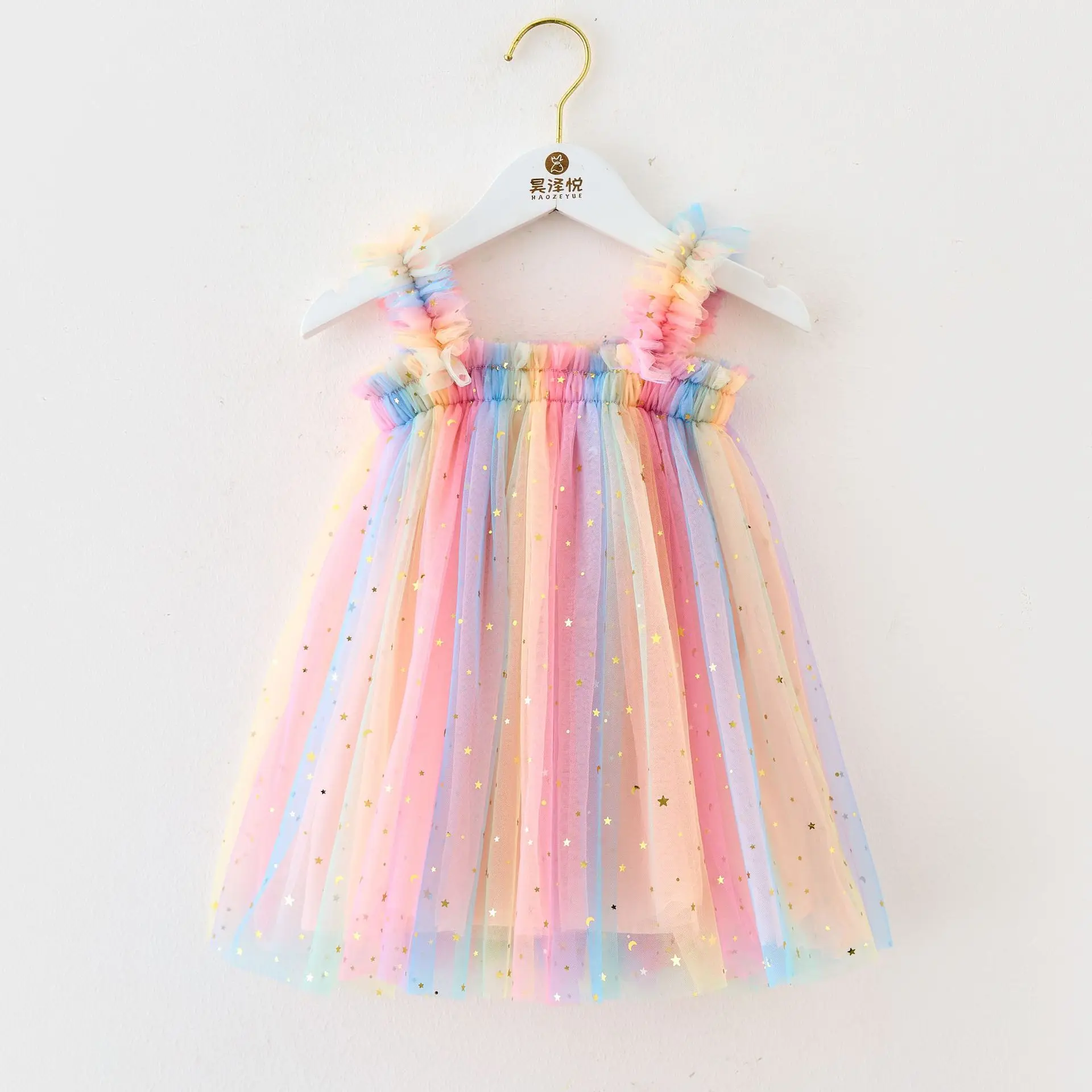 Toddler Sweet Baby Girl Clothes Fashion Summer Rainbow Gradient Stars Decoration Sling Girls Dress Cute Mesh Birthday Baby Dress