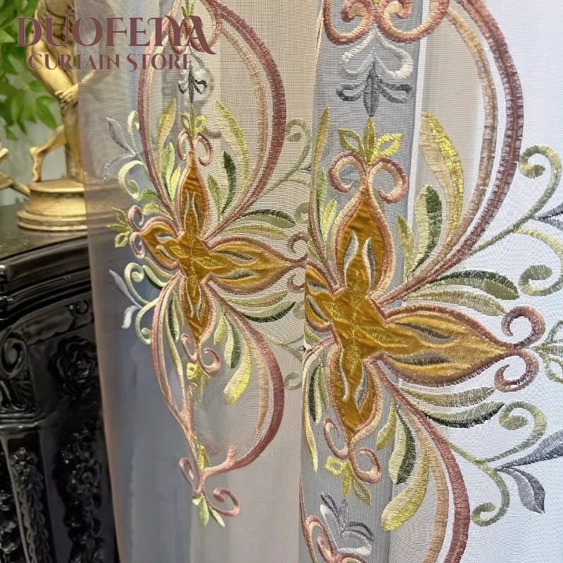European Elegant Blue Gradient Embroidery Embroidery Yarn Study Curtains for Living Dining Room Bedroom White Tulle Custom Size